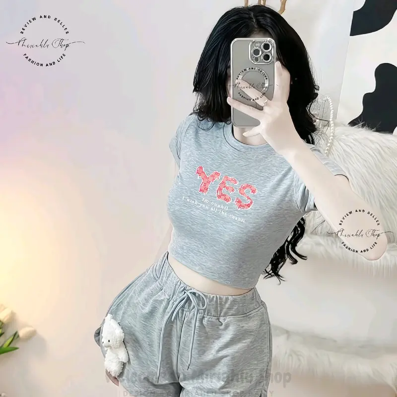 Áo Croptop Borip Ôm Body Nữ Form Basic Cổ Tròn Tay Ngắn In Chữ Yes, Women Thun Sen Sò Hoa Sen Trắng Kem Tre Tim Lịch Dáng Ngắn 5