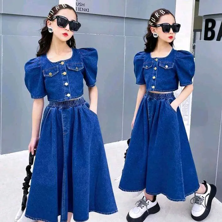 Setelan anak perempuan ABG crop top full jeans set fashion
