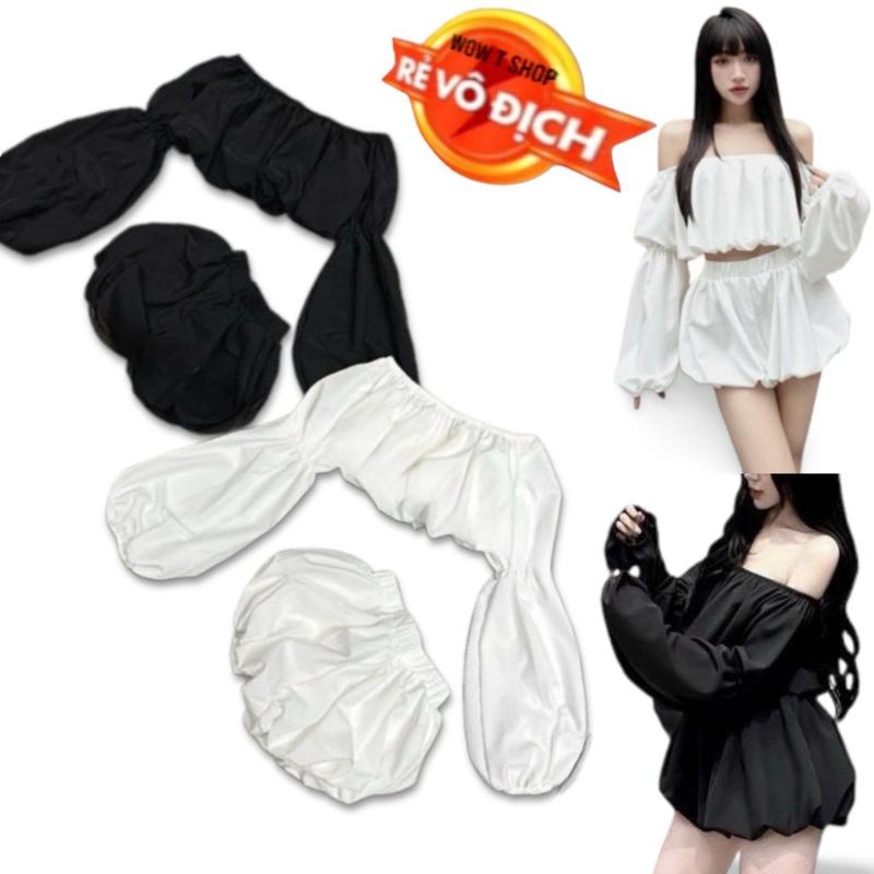 Sét bộ nữ 2 món áo bệt vai tay dài form croptop phồng và quần bí chạy thun bo đùi lưng thun Free Size dưới 54cm Women