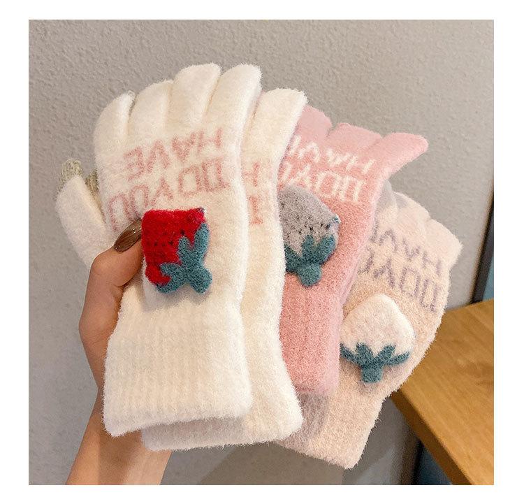 Product Introduction of Ins Winter Strawberry Touch Screen Gloves Warm-Keeping and Cold-Proof Cycling Cute Girl Plush Knitted Five Finger Gloves 6
