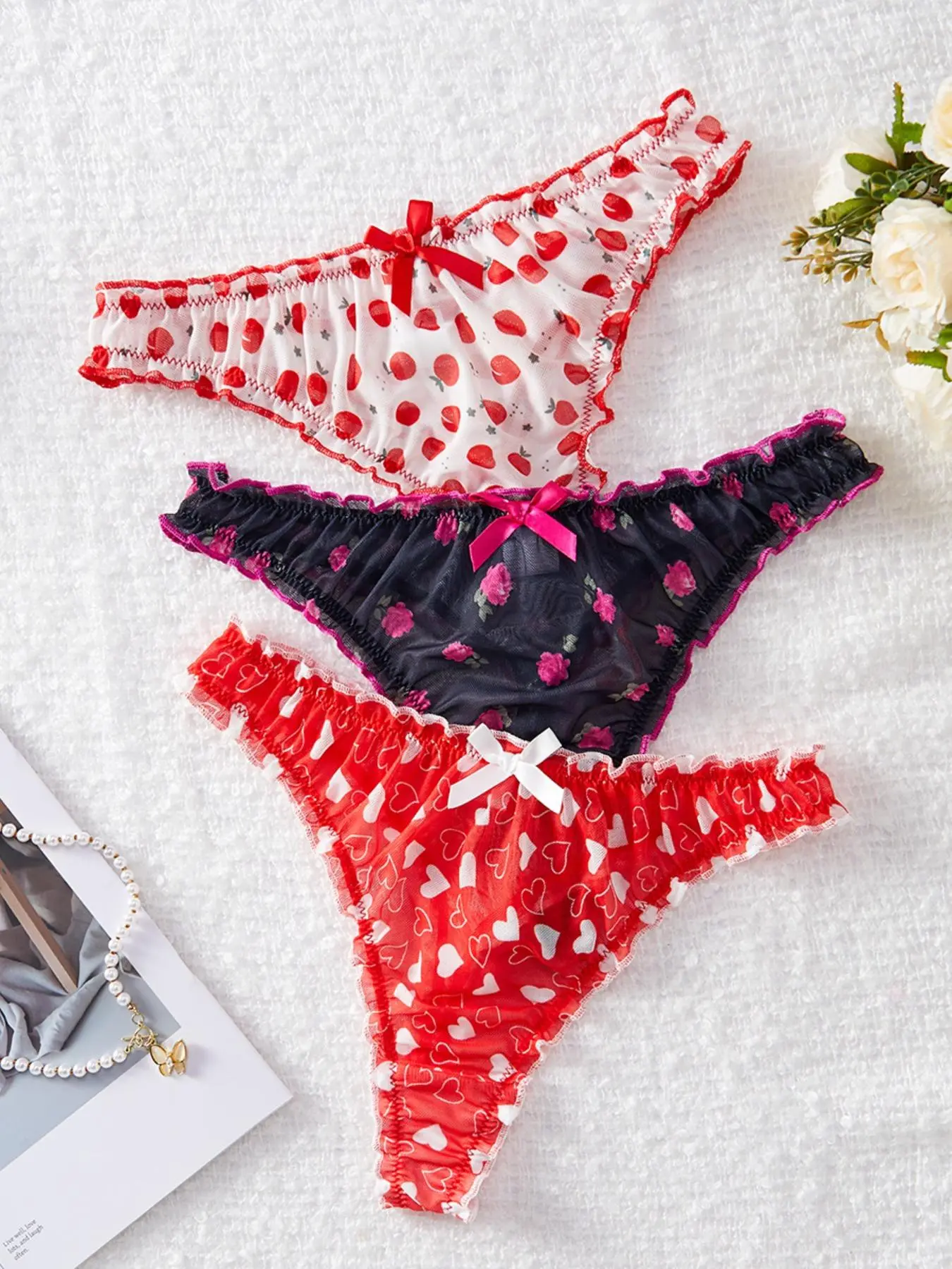 Women's 3pcs Heart/floral Print Bow Front Semi-sheer Lace Thong, Casual Comfy Breathable Drop Waist Frill Knicker for Daily Wear, Ladies Underwear for All Seasons