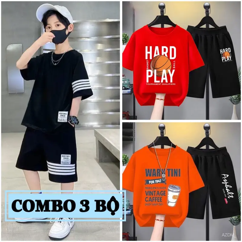 Combo 3 Bộ quần áo bé trai mùa hè size đại từ 17 đến 40kg, chất thun co giãn, mềm mát, phong cách Hàn Quốc cho bé trai từ 5 đến 14 tuổi, dáng quần đùi áo cộc tay thể thao. set đồ 6