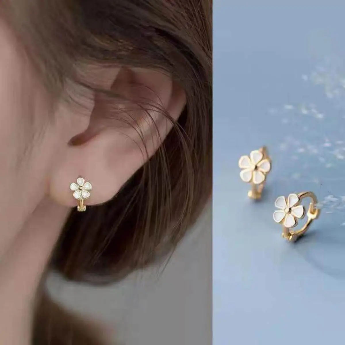 White Flower Hoop Earrings For Women