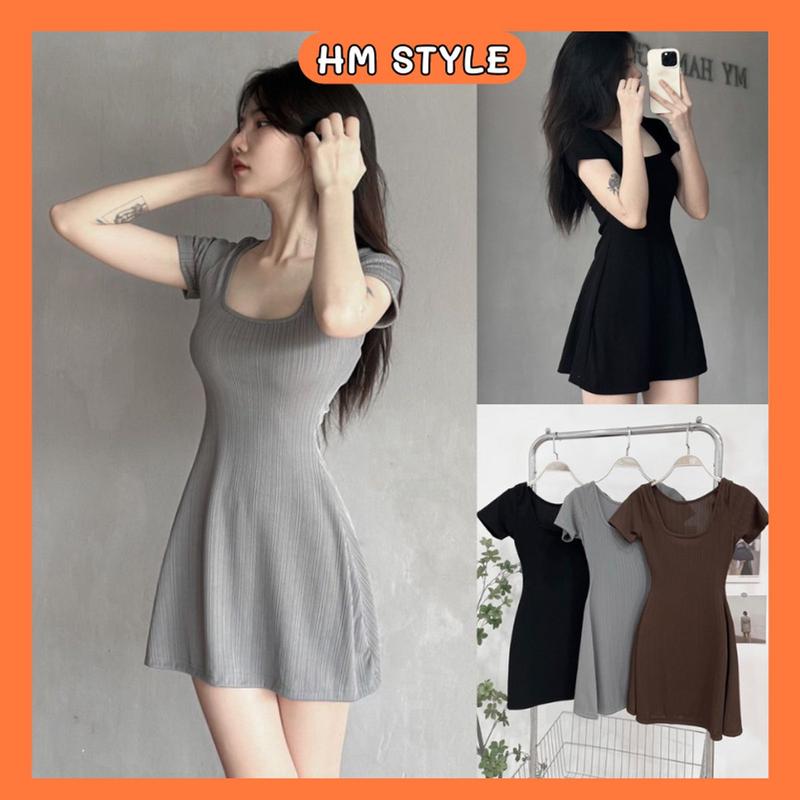 Đầm body nữ tay ngắn cổ vuông váy nữ dáng ngắn xoè A chất gân thái mềm mịn co dãn ôm body tôn dáng HV399