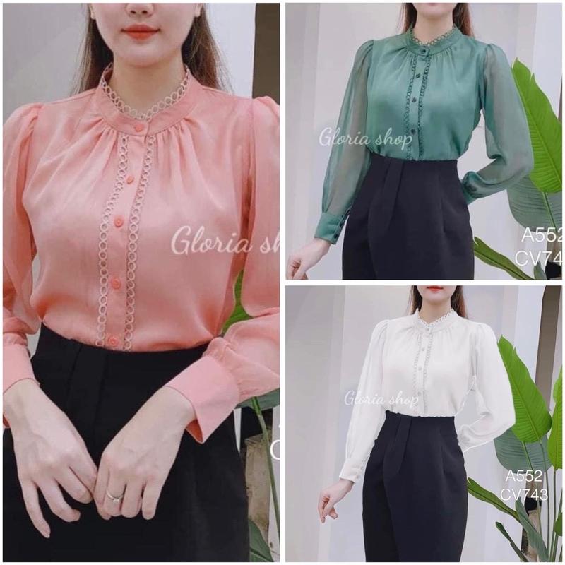 Áo sơ mi nữ tay dài cổ tròn viền ren tay voan tiểu thư A552 Top Women