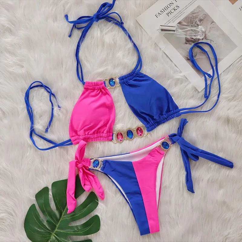2025 New Crystal Diamond Bikini European and American Sexy Patchwork Bandage Women's Split Swimsuit Summer Vacation Beach Holiday Swimwear 3