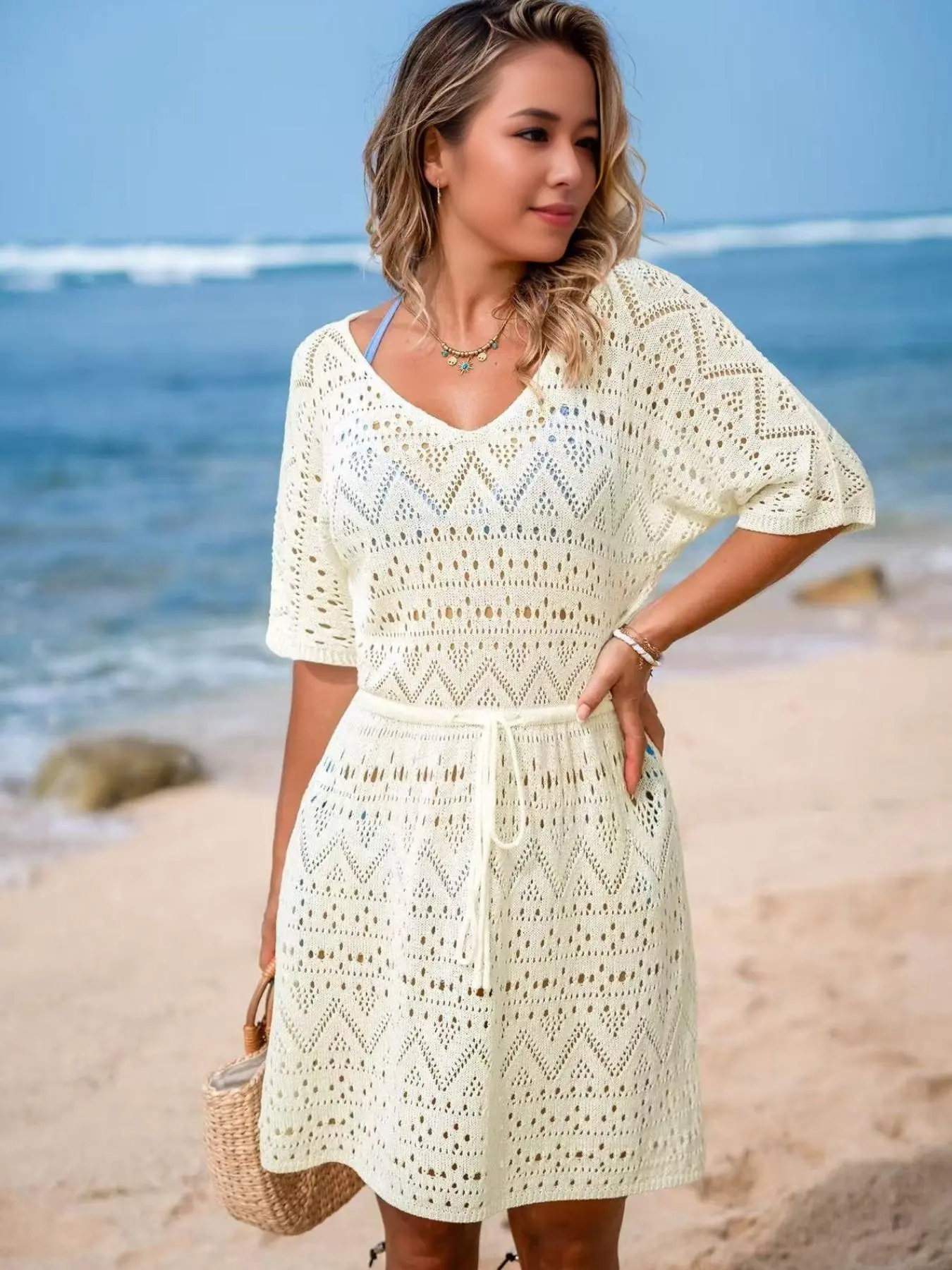 【Plus Size】 Hollow Out Semi-sheer Tie Front Sweater Dress, Casual V Neck Half Sleeve Cover Up Dress for Summer, Women's Clothes for Beach Holiday Vacation