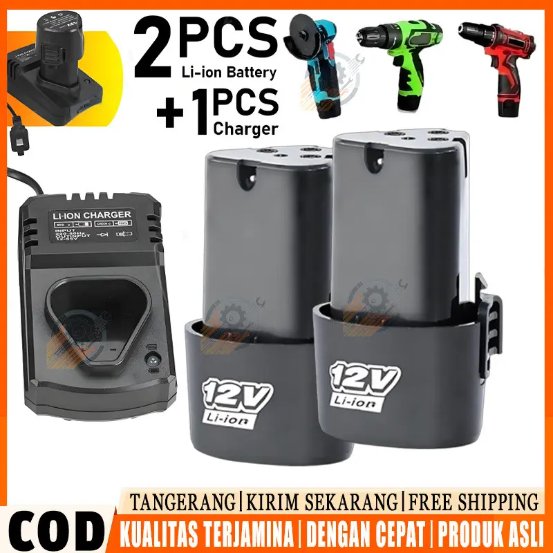【Kirim Cepat】Baterai Bor Cordless 12V Li-Ion Rechargeable + Charger Bor Listrik Obeng Elektrik Mesin Bor Tangan Portable – Batre Bor Lithium 12V Awet Tahan Lama, Cocok untuk Obeng, Mesin Bor,  Praktis Portable Tahan Lama dan Mudah Digunakan