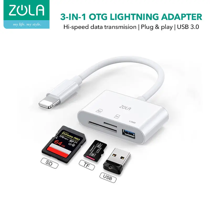 Zola 3 In 1 Lightning OTG Usb 3.0 Adapter SD/TF/Card Reader For Iphone/Ipad White Card Computer