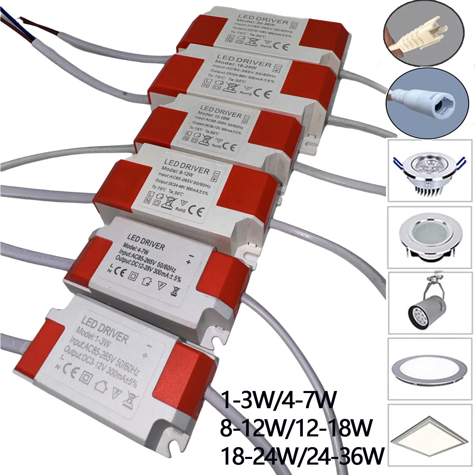 AC85-265V LED Driver 1-3W 4-7W 8-12W 18-24W 24-36W Power supply Light Constant Current Transformer for Led Downligt Panel lamp 300mA