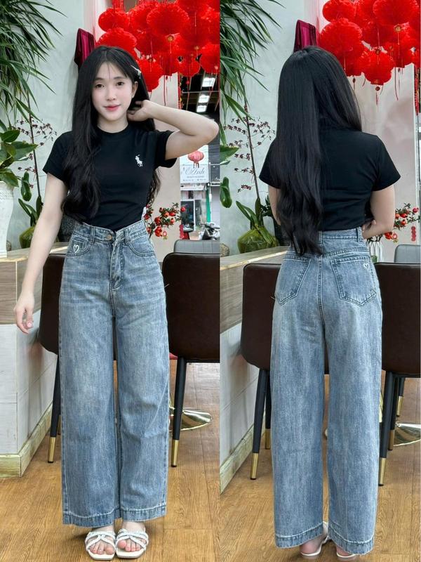 Quần bò nữ ống rộng thêu nơ nhỏ túi sau, chất vải mềm mại không co giãn ống suông Women's Jeans 3
