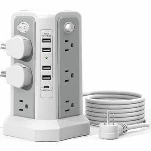 2500W USB C Port Power Board Tower, Surge Protector with 12 AC Sockets & 5 USB Charging Ports & 10ft Extension Cable, Surge Protector Power Tower for Home Office Dormitory