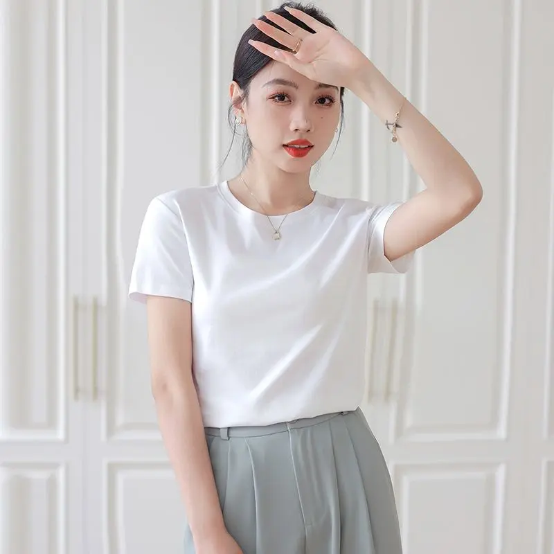 White Pure Cotton Short Sleeved T-Shirt Women's Shoulder 2025 New Summer Solid Color Slim Fit And Slimming Half Sleeved Round Neck Top