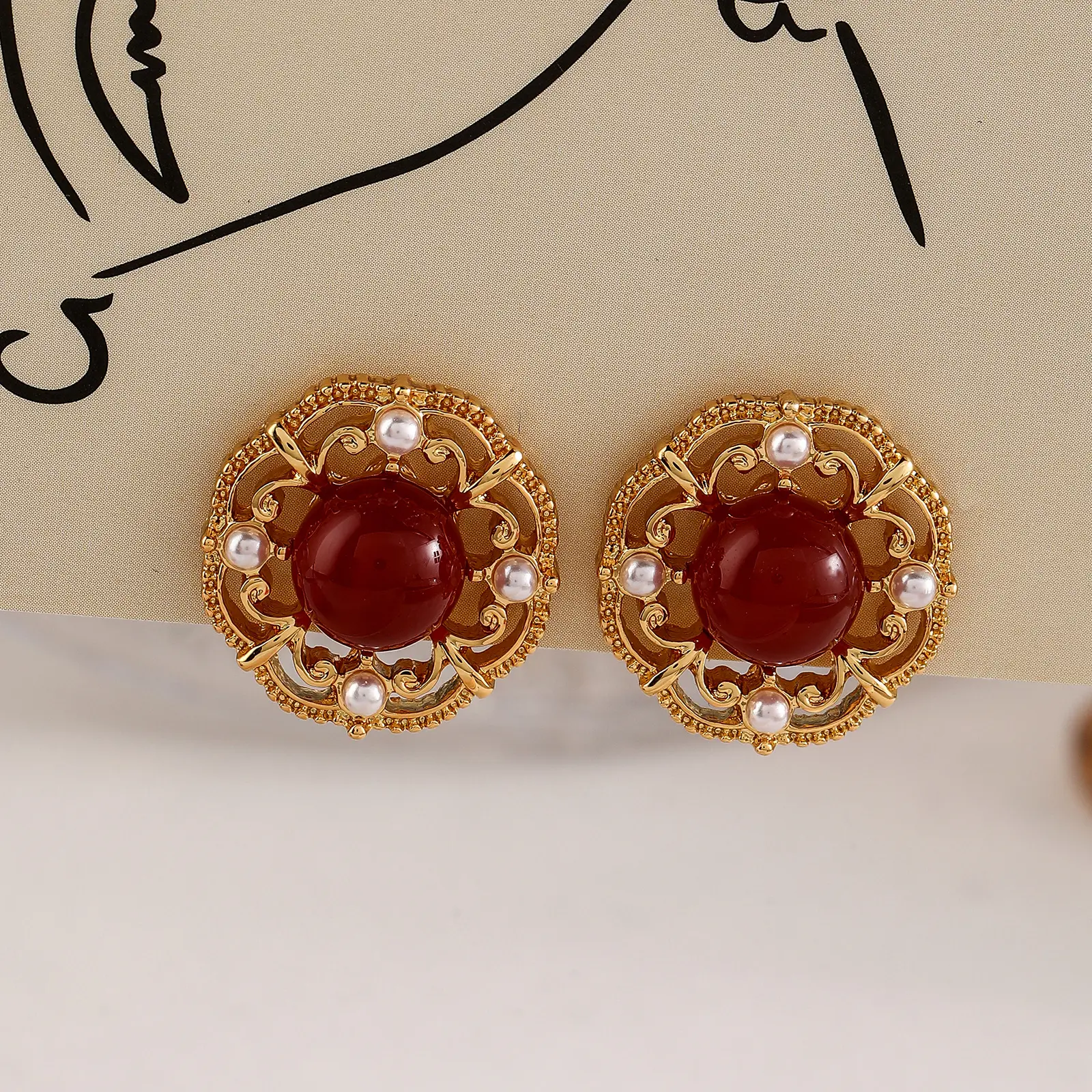 Retro New Chinese Style Wine Red Stone Stud Earrings Women's Elegant Court Style High-Grade Simple Temperament Imitation Pearl Earrings