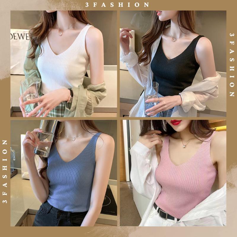 Áo hai dây sát nách nữ cổ chữ V dệt kim mềm mịn quyến rũ thiết kế trơn basic dễ phối đồ 3Fashion - A08 Top Women áo  len