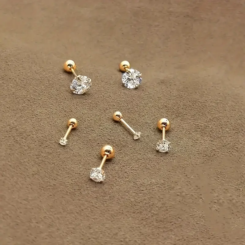 3-Pair Set, 18K Gold Plated Stainless Steel, Exquisite Simple Round Ball Twisted 4-Prong Set Cubic Zirconia Earrings, Gift Box Included 0
