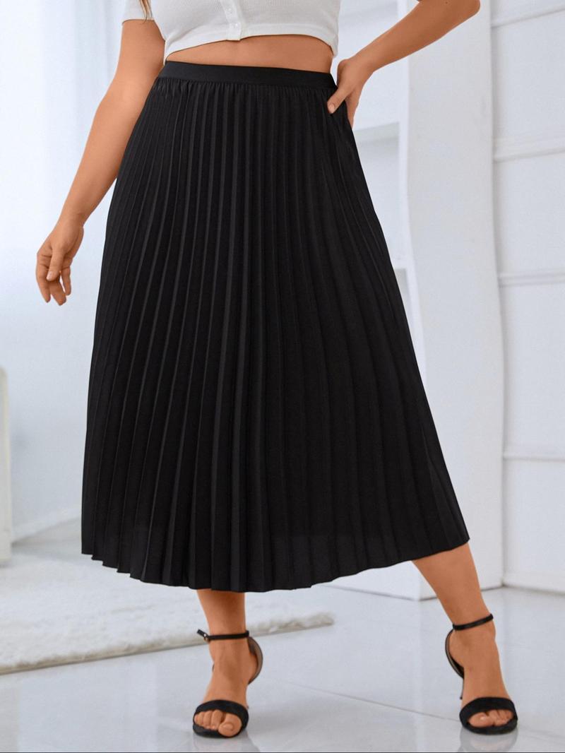 Product Introduction of 【Plus Size】 Solid High Waist Pleated Skirt, Elegant Fashion A Line Midi Skirt for Daily Outdoor Wear, Women Clothing for Spring Fall 3