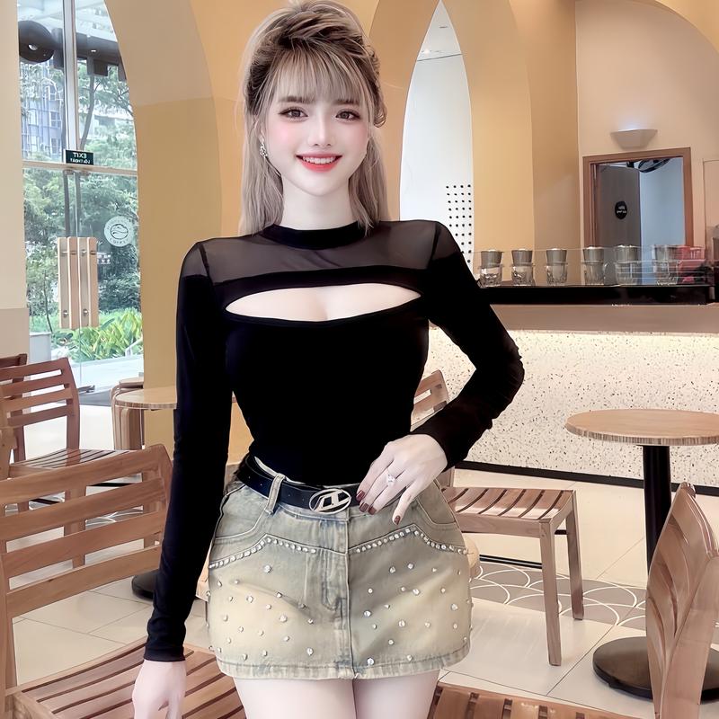 Áo thun nữ tay dài phối lưới, Áo thun kiểu đẹp