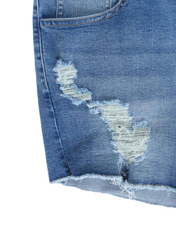 【Plus Size】High Waist Denim Shorts, Casual Fashion Ripped Denim Shorts for Daily Outdoor Wear, Women Plus Clothing for Summer 4