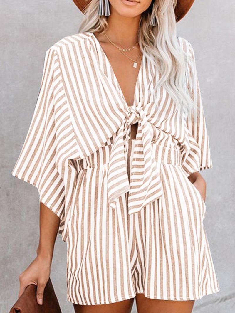 Product Introduction of Women's Striped Print Knot Front Romper, Casual Batwing Sleeve Pocket Jumpsuit, Ladies Clothes for Summer Daily Wear 7