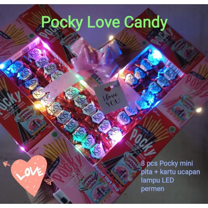 Pocky Love Candy / Choco - kado gift hadiah birthday anniversary wisuda pocky + candy / coklat (kirim dlm bentuk love spt pic) FREE packing aman 2 lapis bubble + dus