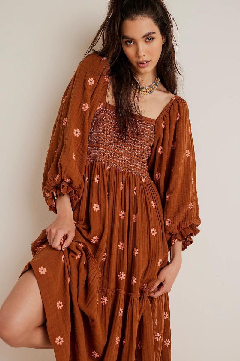 Product Introduction of Women's Floral Embroidery Frill Trim Shirred Flounce Sleeve Dress, Boho Fashion Long Sleeve Square Neck A Line Dress for Daily Holiday Vacation Wear, Ladies Dress for All Seasons, Dresses for Women, Spring Dress Casual Womenswear jaded london  dress 14