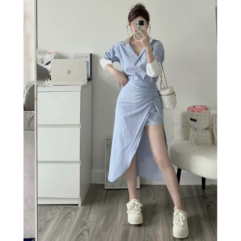 Set 2 Món Áo Sơ Mi Kẻ Kè Chân Váy Cách Điệu Xẻ Tà Siêu Tôn Dáng | FASHION STORE C4 1