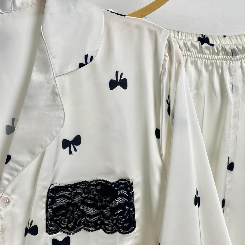 M101 NHỌ PYJAMAS Bộ mặc nhà tiểu thư dài tay , có phối ren , hoạ tiết NƠ ĐEN chất lụa tơ tằm  . Ảnh tự chụp ( nền trắng kem mang bra cùng màu ) 5