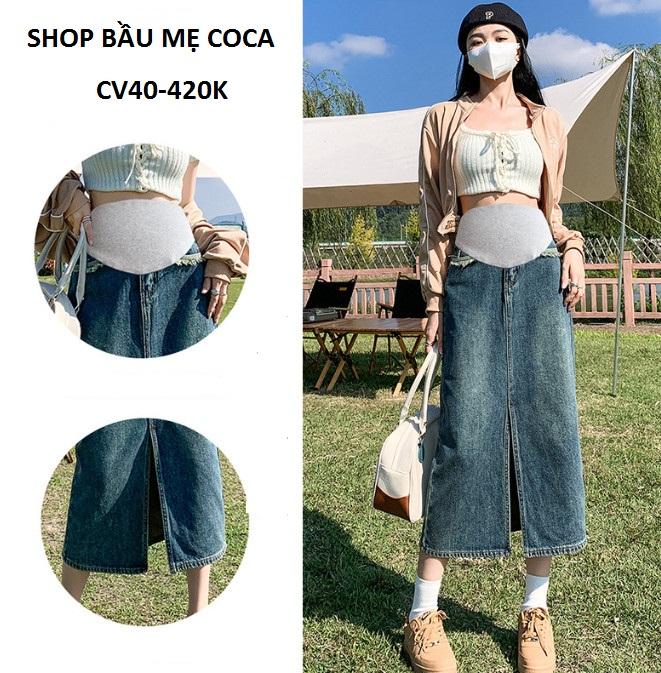 Chân váy jeans dài phong cách cá tính cho mẹ bầu- CV40 Váy Bầu Đầm Bầu