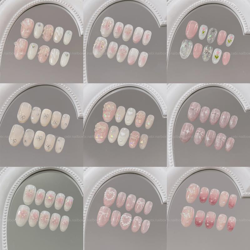 TẶNG MIẾNG DÁN SILICON Móng úp thiết kế C237 mẫu ngắn phong cách Hàn Quốc nơ xinh xắn kỷ yếu văn phòng