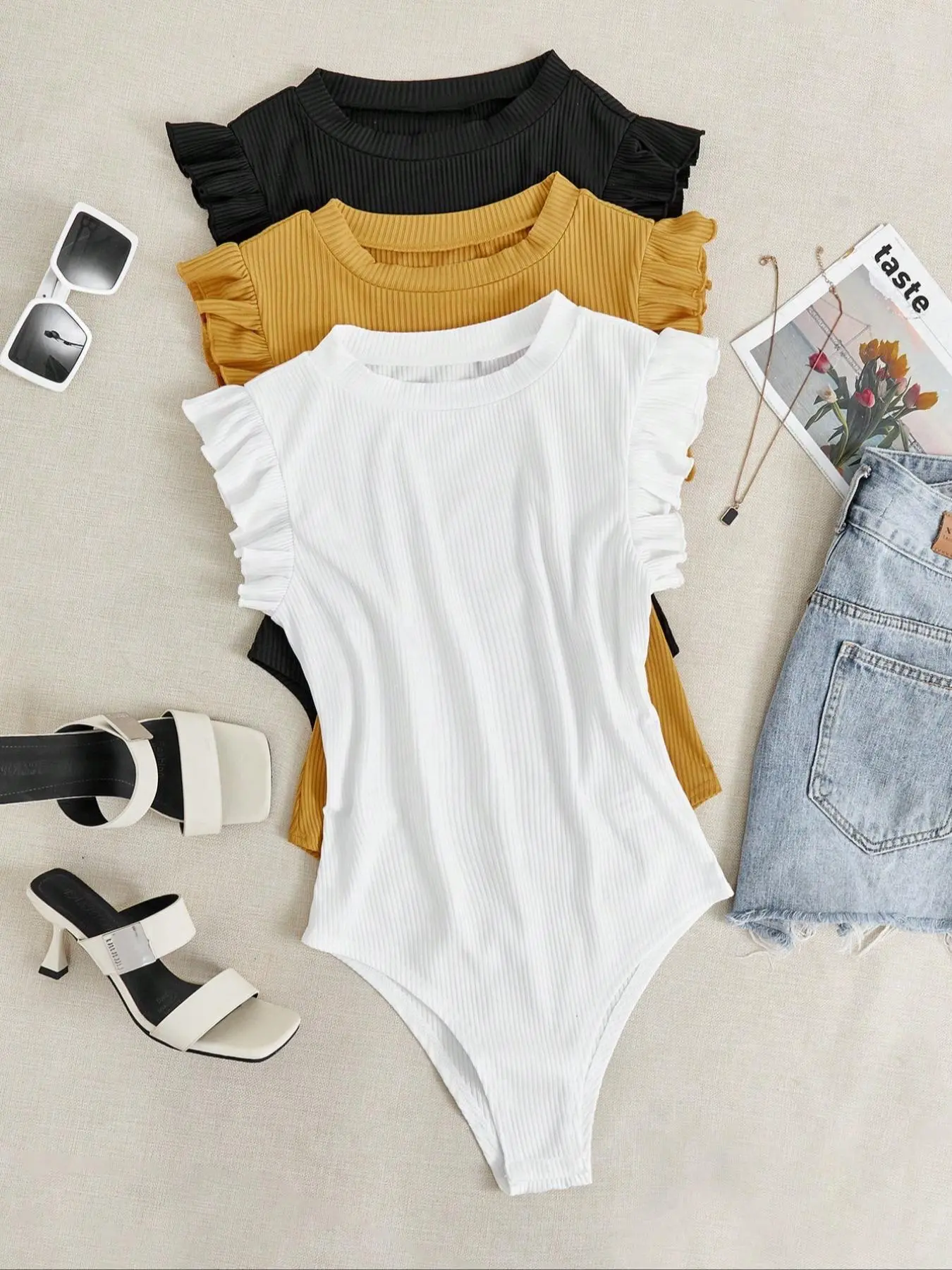Women's Solid Ruffle Trim Bodysuit, Casual Fashion Bodysuit for Daily Wear, Ladies Clothes for All Seasons