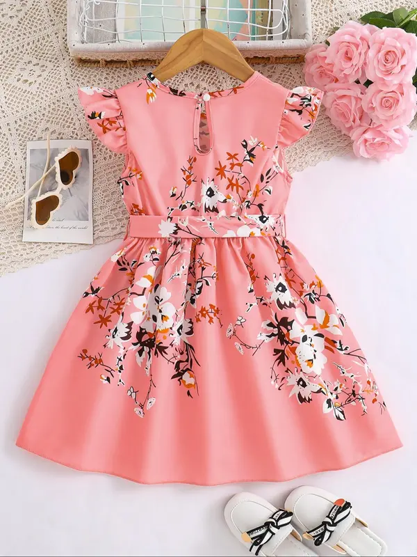 Girl's Floral Print Belted A Line Dress, Elegant Butterfly Sleeve Keyhole Back Dress for Summer, Kids Clothes for Daily Wear 1