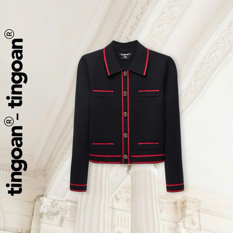 TINGOAN - Áo len xù cardigan cổ bẻ dáng lửng đen phối đường viền đỏ LILY ROSE JACKET ĐEN VIỀN ĐỎ