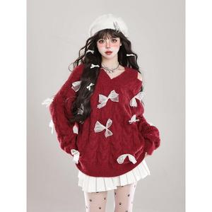 เสื้อสเวตเตอร์คอวีไหล่โบว์ มาใหม่ สำหรับผู้หญิง สวมใส่และดีไซน์ สไตล์หวานและหลวม เสื้อถัก