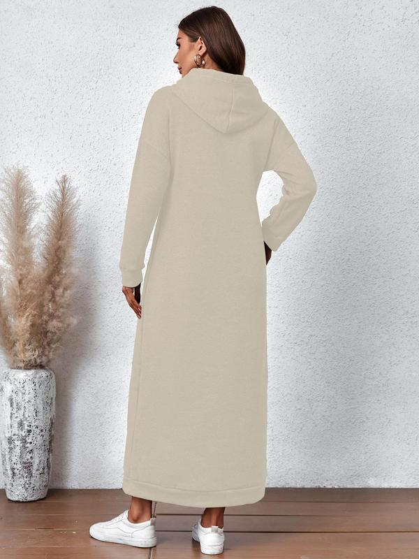 Women's Simple Plain Drawstring Drop Shoulder Hooded Long Dress, Casual Pocket Long Sleeve Dress for Fall & Winter 2