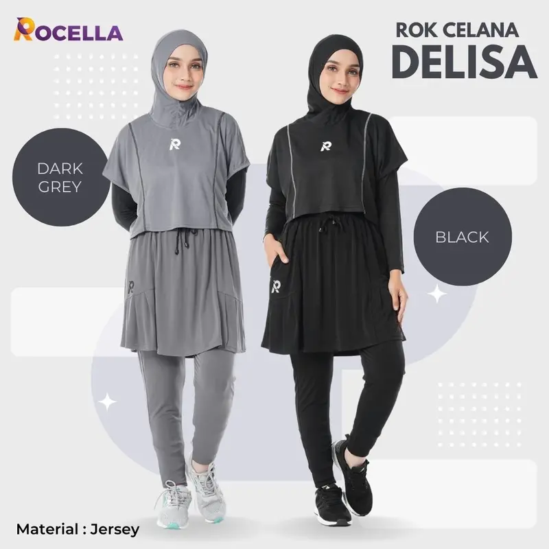 Rocella Setelan Olahraga Hijab Gloria dan Rok Celana Delisa Rocella Rok Celana Olahraga Pakaian Olahraga Outfit Olahraga Jogging Running Senam Lari Muslimah Muslim Baju gym berhijab Sporty Sport Wanita Panjang Hitam 1