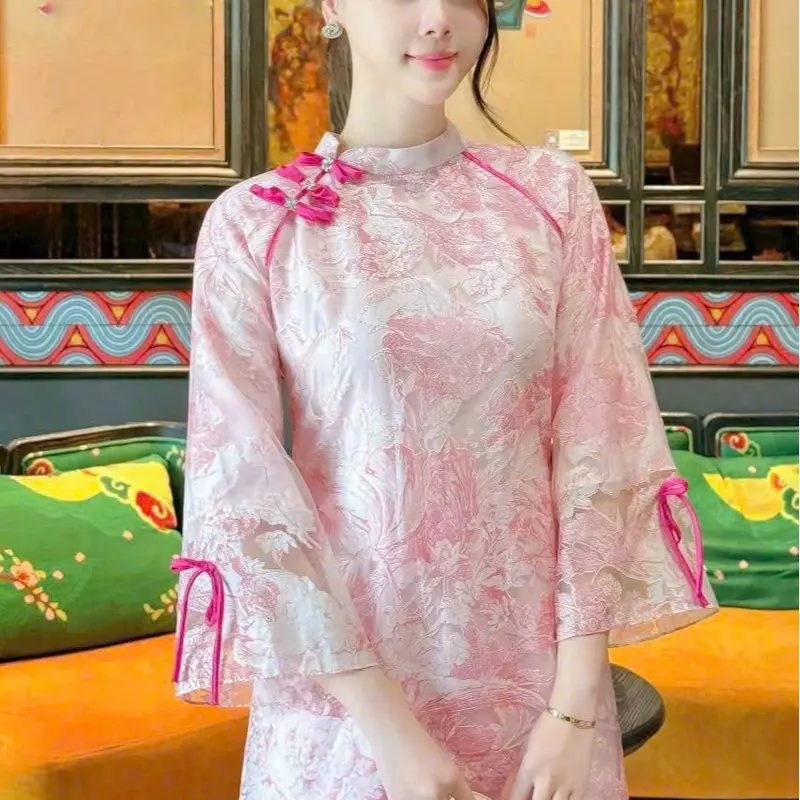 Áo dài cách tân tơ nến vân hoa hồng nhẹ nhàng - Áo dài Thúy Linh -OG -  Nữ Women Dress 2