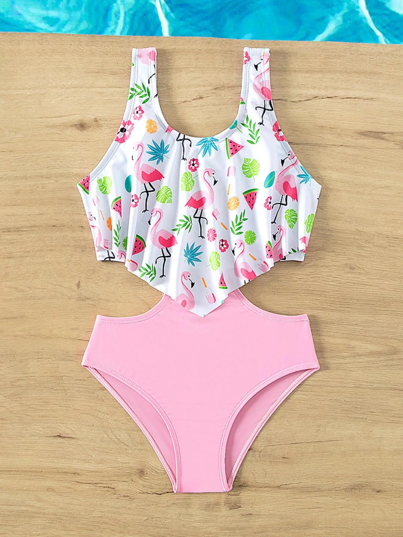 Girl's Flamingo & Leaf Print Cut Out Ruffle Trim One-piece Swimsuit, Casual U Neck Sleeveless Swimwear for Beach Holiday Vacation, Kids Swimsuit for All Seasons