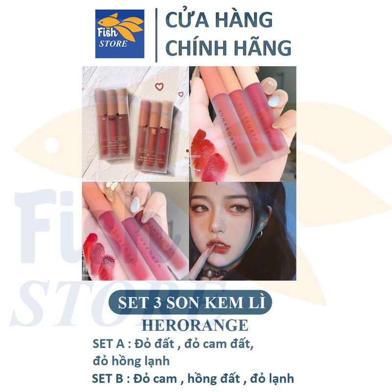 Set 3 thỏi son HERORANGE đủ 2 bảng màu A và B nhà FISHVN Trang Điểm Cosmetic Nữ Women