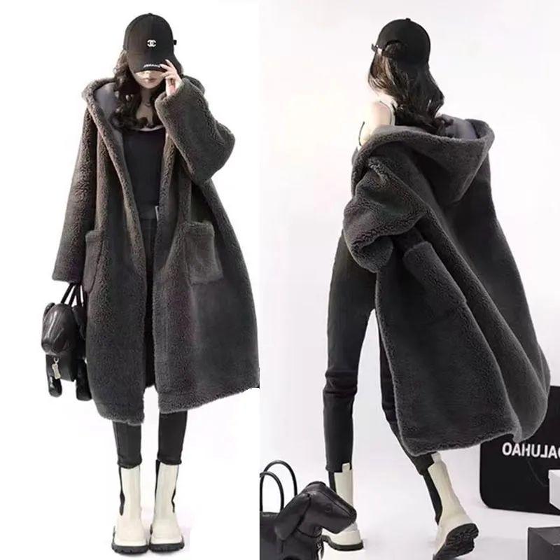 TikTok Shop High Profile Figure High Grade Solid Color Imitation Lamb Wool Lapel Hooded All Matching Graceful Loose Woolen Coat Outerwear Female Fashion