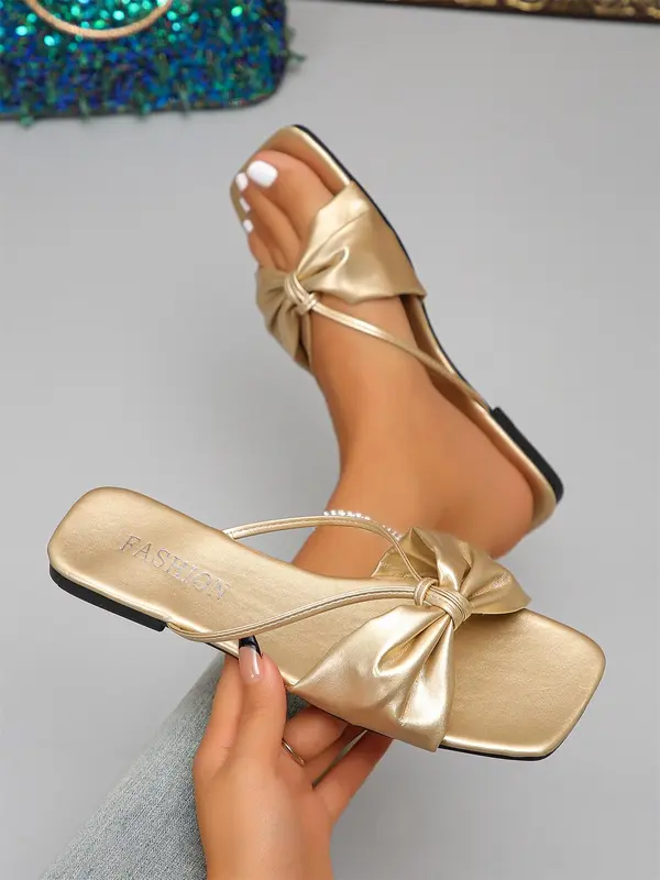 Women's Bow Decorated Slide Sandals, Casual Square Toe Flat Sandals for Summer, Lightweight Breathable Comfortable Shoes for Daily Wear, Girl 2