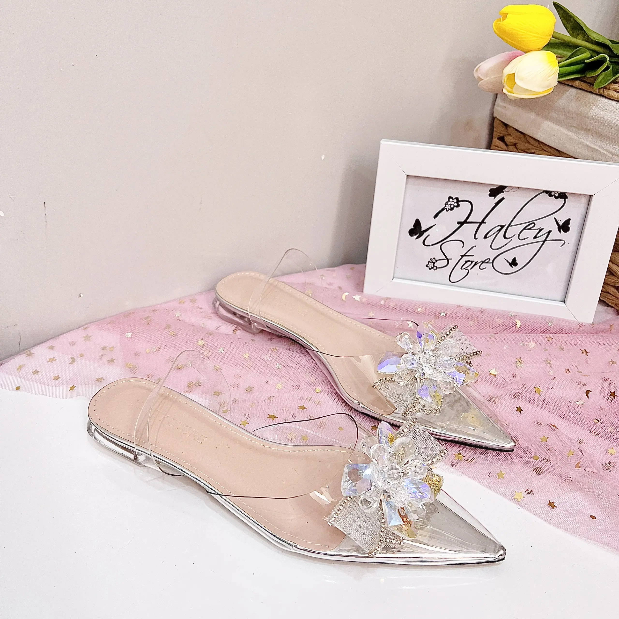 Giày bít bệt phale đá HALEY STORE gót phẳng đính hoa đá phale bít mũi quai kéo tiểu thư cô dâu tiệc cưới đi chơi du lịch êm chân dễ đi