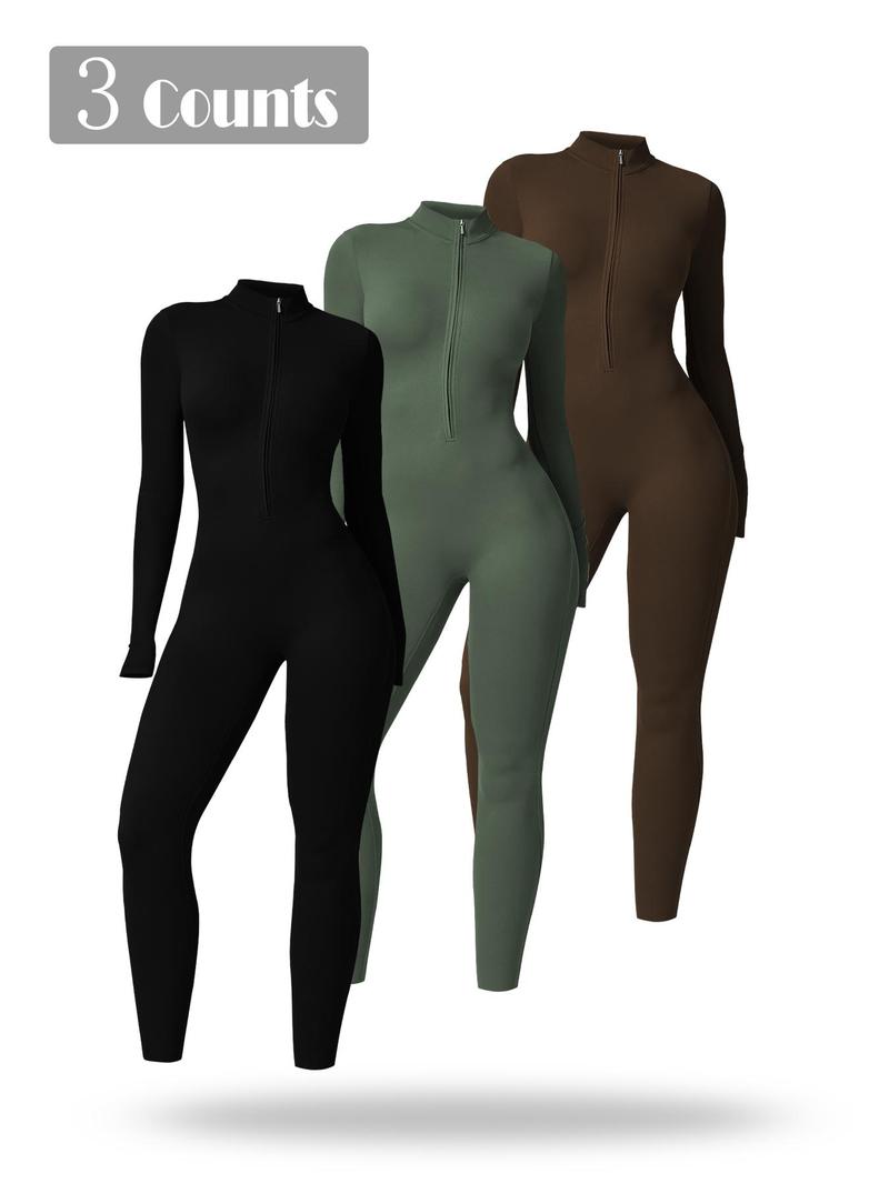 Product Introduction of Sporty Women's Solid Color Half Zip Mock Neck Sports Jumpsuit,  Tummy Control Jumpsuit,  Casual Comfy Breathable Long Sleeve Skinny Jumpsuit for Yoga Gym Workout, Ladies Sportswear for All Seasons 6