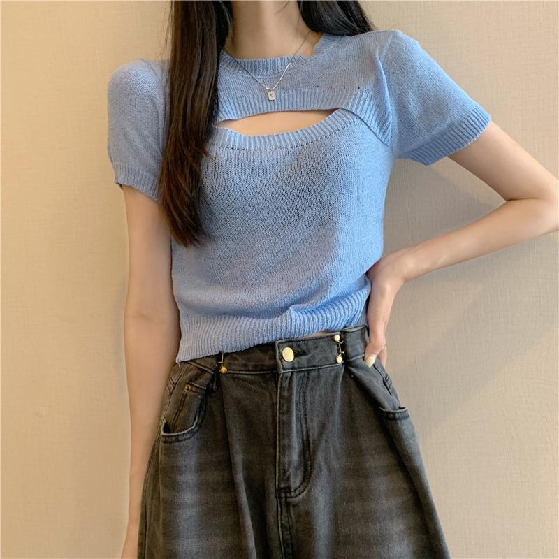 Product Introduction of Áo Len Dệt Kim Giả Hai Lớp, Thiết Kế Độc Đáo Sang Trọng Khoét Lỗ Áo Phông Ngắn Tay, Áo Ngắn Cô Gái Nóng Bỏng Mùa Hè, Phong Cách Instagram, Dành Cho Nữ, Bán Chạy Top Women Top Women 11