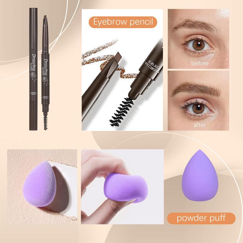 Makeup Set, 1 Set Multi-functional Makeup Eyeshadow Palette & Brush & Sponge & Eyeliner & Lipstick & More, Professional Makeup Set for Women, Cosmetic 5