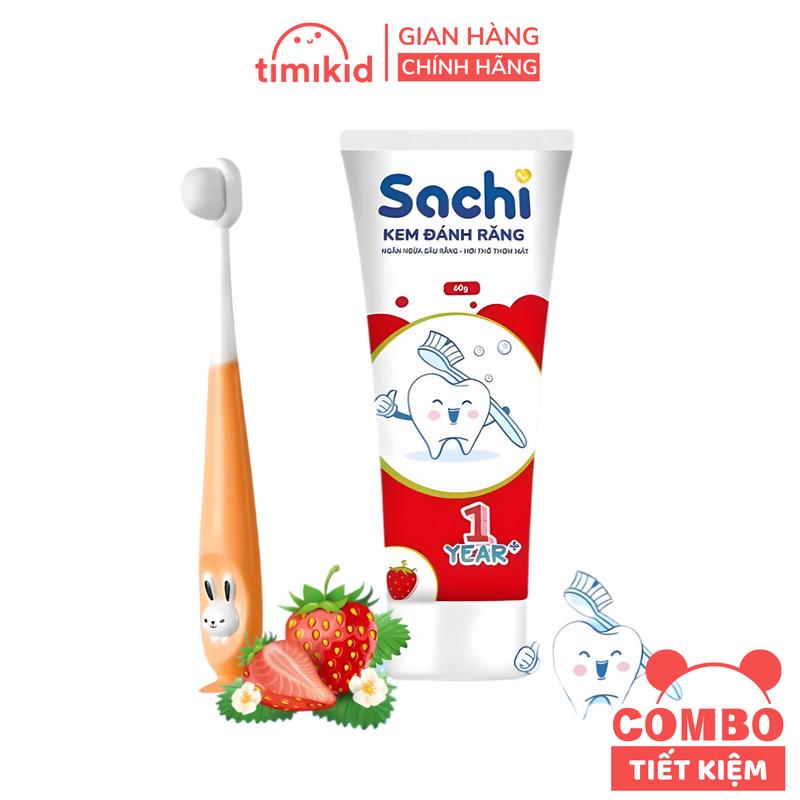 COMBO Kem Đánh Răng Thảo Dược SACHI Và Bàn Chải Sợi Tơ 1+ Cho Bé Không Cay Không Flour Tuýp 60g