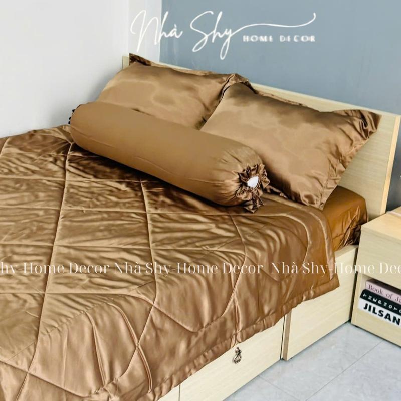 Bộ Chăn Gra Phi Lụa 5 Món Màu Nâu Đồng - Set 4 món không mền set 5 món có mền - Nhà Shy