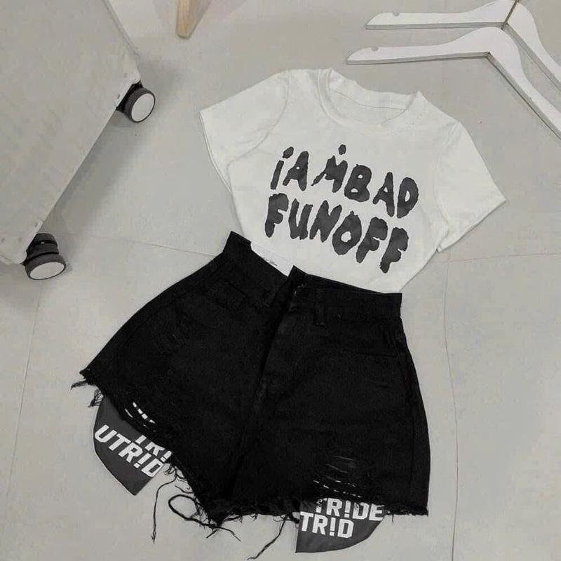 Set bộ áo croptop iamb mix quần sooc jean túi chữ