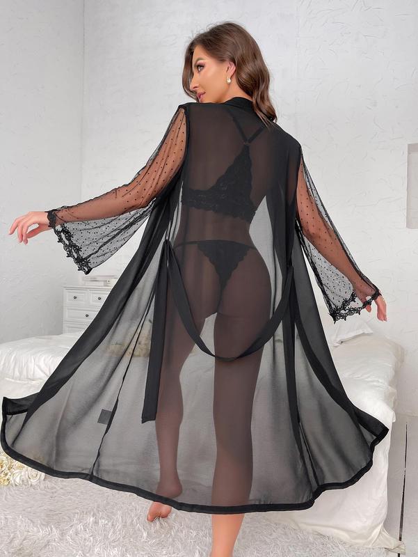 Women's Polka Dot Print Contrast Lace Belted Sheer Loungewear Robe, Elegant Long Sleeve Black Nightgown for Women, Comfort Nightwear, 2000s Robe 1