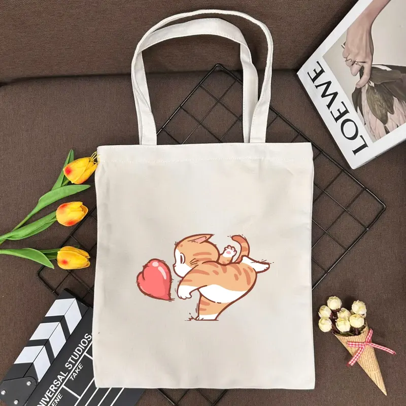 Túi tote nữ in hình mèo cute - Túi vải canvas có khoá kéo và túi phụ đi học, đi chơi - TOTE11 - Bag Chữ Nhật Đeo Vai 1